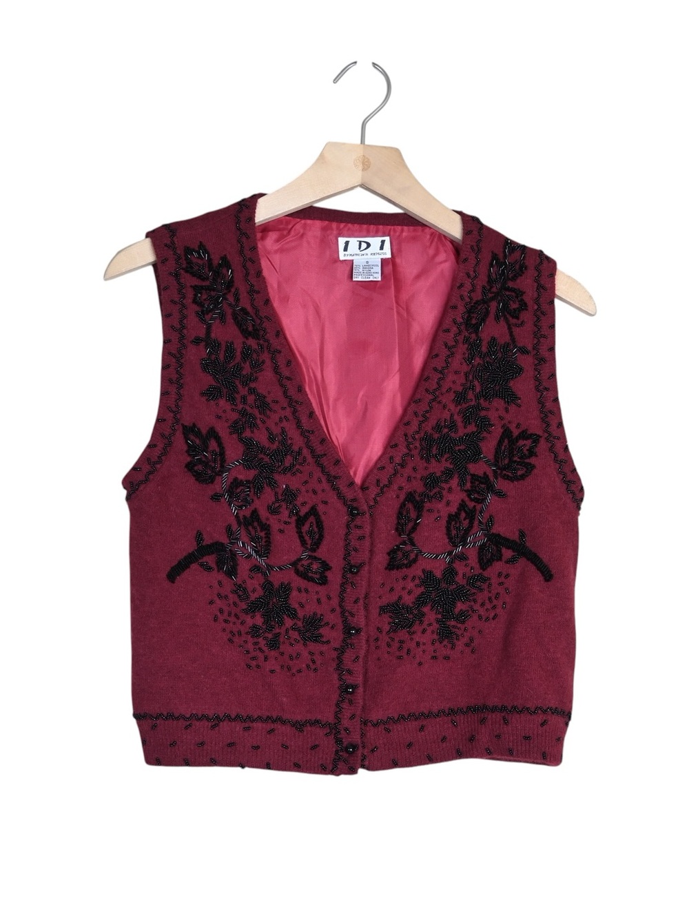 IDI by Matthew H. Women's S Vintage Lined Burgundy Lambswool Beaded Cardi Vest
